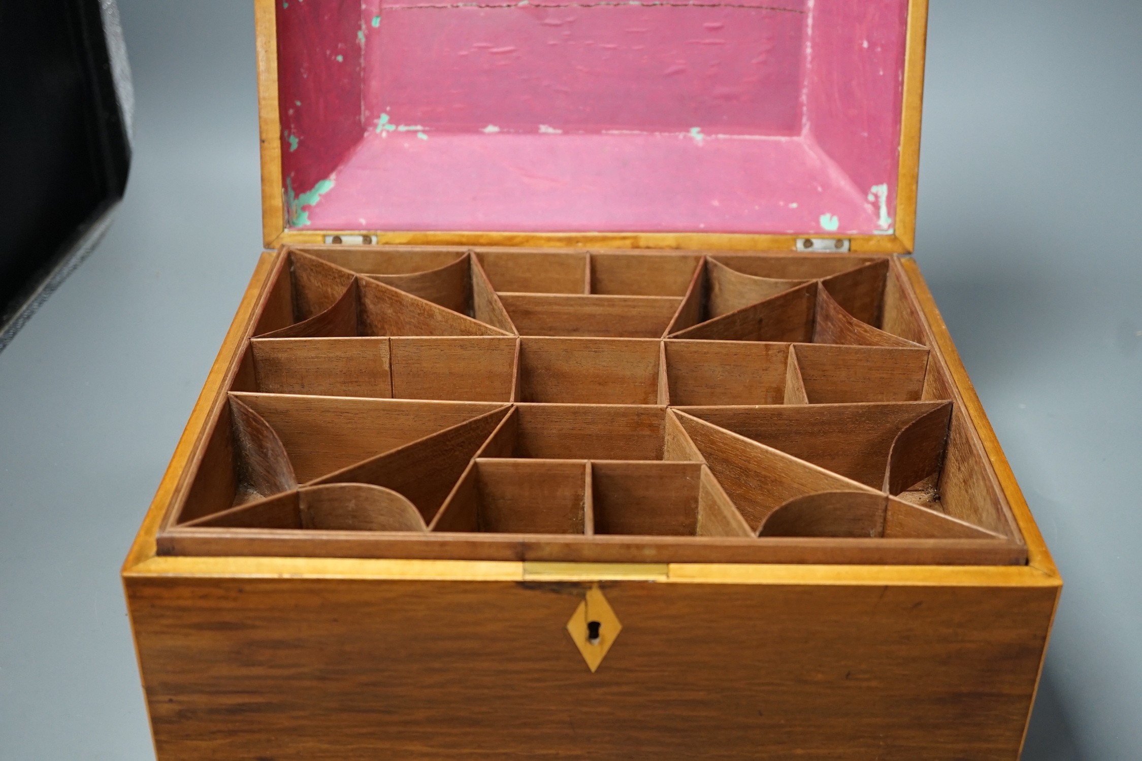 A 19th century partridge-wood and coromandel banded sewing box, together with a French parquetry kingwood jewellery box, with turned bone feet, largest 32cm wide